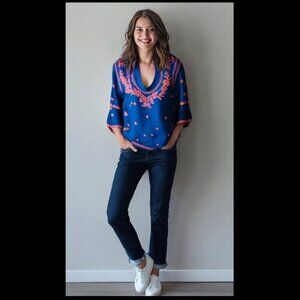 Escapada Montreux Indigo Cobalt Blue Embroidered Tunic Top, Like New, Si…